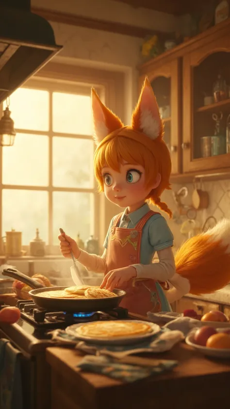 high-definition images、A fox girl is making pancakes in the kitchen。