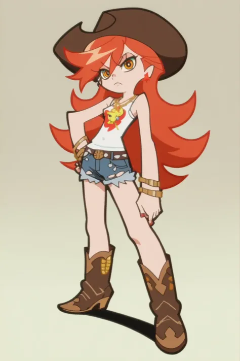 p&s style, screencap, anime, score_10, flat colors, woman, peachy skin, orange eyes, red hair, flirty expression, cowboy hat, bullet bandolier, cowboy boots, jean shorts, sleeveless shirt, full body