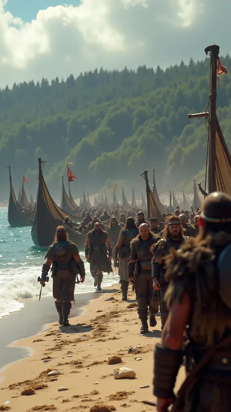 high-definition images、an image of Vikings landing on the American continent、lots of Vikings、A flotilla arrives on a sandy beach