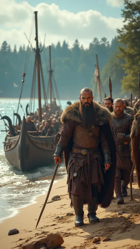 high-definition images、an image of Vikings landing on the American continent、lots of Vikings、A flotilla arrives on a sandy beach