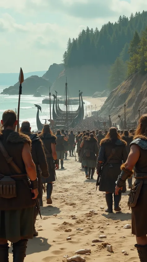 high-definition images、an image of Vikings landing on the American continent、lots of Vikings、A flotilla arrives on a sandy beach