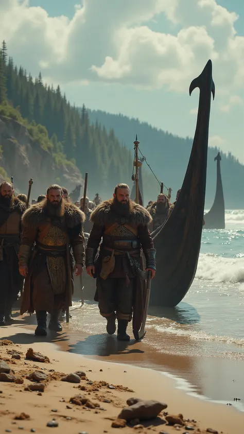 high-definition images、an image of Vikings landing on the American continent、lots of Vikings、A flotilla arrives on a sandy beach