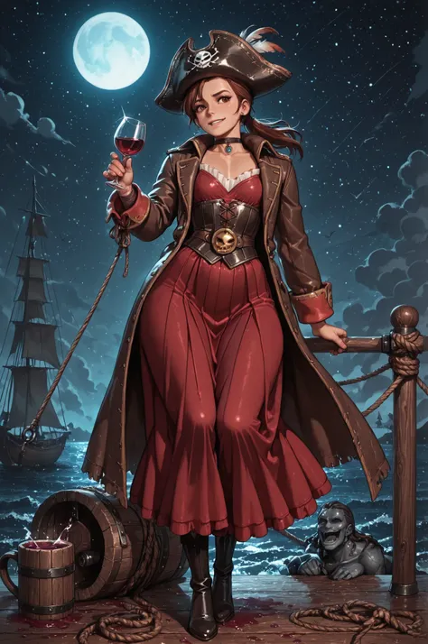 Princess Marco. brown eyes, brown hair, ponytail. small breasts. huge hips. slim body. choker. femboy, crossdressing,| shortage々the figure of a pirate、wine , having a wine bottle , under the moonlight、is decorative on the bow Carved wooden mermaid statue 。...