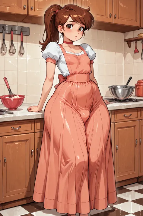 Princess Marco. brown eyes, brown hair, ponytail. small breasts. huge hips. slim body. choker. femboy, crossdressing,|masterpiece, best quality, newest, solo, 1girl, retro kitchen, indoors, checkered floor, tile floor, shelf, counter, cabinet, whisk, bowl,...