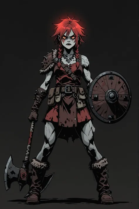 high quality, masterpiece, best quality, 1 female, barbarian warrior, scarlet red hair, northern barbarian outfit, nordic aesthetics, fur-trimmed leather armor, decorative metal accents, battle axe, shield, runic engravings, viking-inspired braids, warpain...