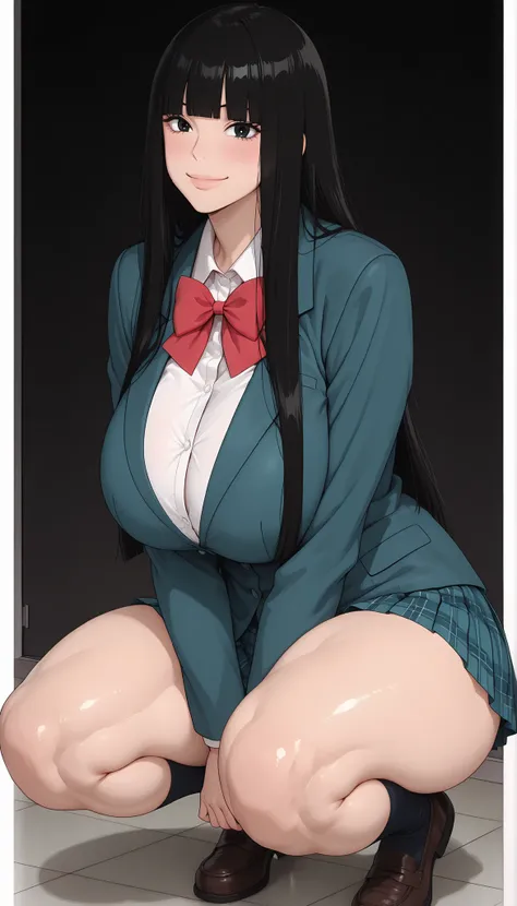 masterpiece, detailed face,  awako, 1girl, black hair, solo, long hair, school uniform, skirt, smile, black eyes, blush, looking at viewer, bow, blazer, bangs, blunt bangs, shirt, red bow, bowtie, long sleeves, hime cut, huge breasts, thick muscular thighs...