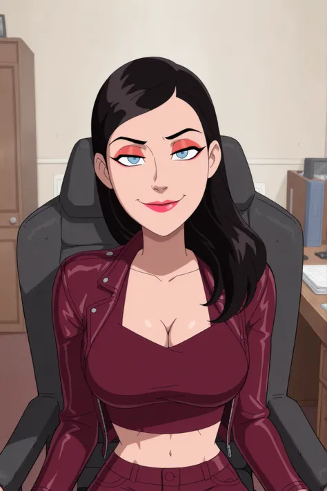 BREAK, score_6_up, score_7_up, score_8_up, score_9, 1girl, solo, loislane, black hair, long hair, makeup, lipstick, blue eyes, large breasts, cleavage, curvy, athletic, looking at viewer, seducing viewer, teasing viewer, smiling, closed mouth, seductive ex...