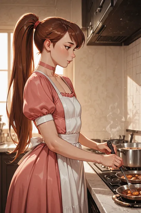 Princess Marco. brown eyes, very long hair, brown hair, ponytail. very small breasts. huge hips. slim body. choker. femboy, crossdressing,| woman dressed as cook,cooking,Indoor luxury kitchen,hand stirring slowly,luxury cooking utensils scattered,warm ligh...