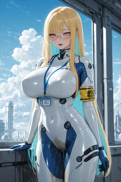 score_9, score_8_up, masterpiece, best quality, 1girl, very long hair, blonde hair, glasses, semi-rimless eyewear, multicolored eyes, blue and yellow eyes, (swept bangs:0.5), tsurime, huge breasts, bodysuit, window, clouds, (futuristic:1.25), (science fict...