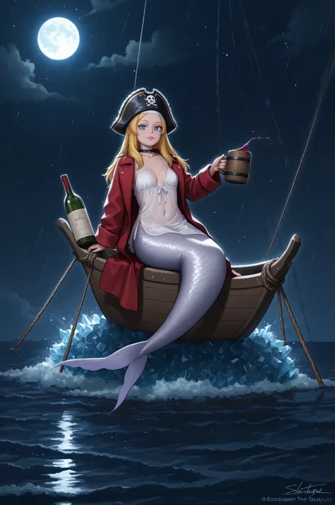 Francine Smith, looking at viewer, pink lipstick, choker, Blonde hair, small saggy breasts. long hair.| shortage々the figure of a pirate、wine , having a wine bottle , under the moonlight、is decorative on the bow Carved wooden mermaid statue 。 long dreadlock...
