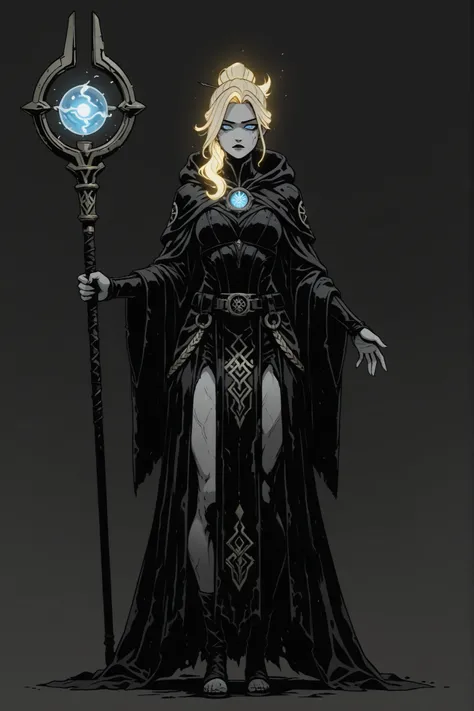 high quality, masterpiece, best quality, 1 girl, teenage human mage, standing in A-pose, full body shot, anatomically correct proportions, sharp defined features, glowing blonde hair, deep sapphire blue eyes with arcane glimmer, innocent yet determined exp...