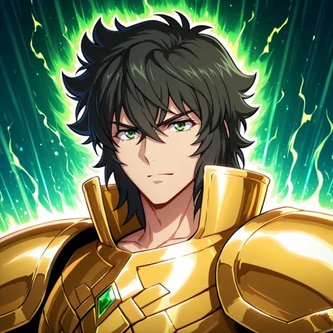 Detailed anime-style fantasy illustration featuring Naofumi Iwatani from The Rise of the Shield Hero proudly sporting the Saint Seiya-inspired Golden Armor of Aries. His build is athletic and slender, without being overly muscular. He has long, shaggy blac...