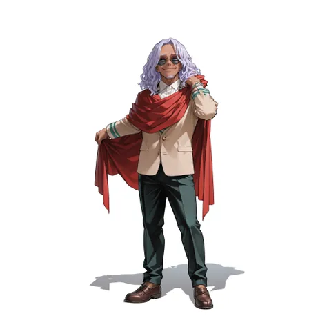 (male), (old man), (slim body), (dark skin), (light purple hair), (medium wavy hair), (blue eyes), (round sunglasses), (goatee), (confident smile), (solo), (single character), (full body version), (white background), (no background), (highly detailed), (sh...
