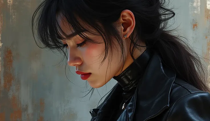 profile、 face close-up、人物を顔を明Rく、不思議の館の明Rい大広間で、 wearing a black leather mini bondage suit and a black leather coat、でエレキギターを弾弾いていR、左側に分け目のあR前髪に長いストレートの黒髪の美しい東洋人女性、R、, there are drums and electric guitar 、エレキベースを演奏していR3人の黒服の男性たち、Watercolor