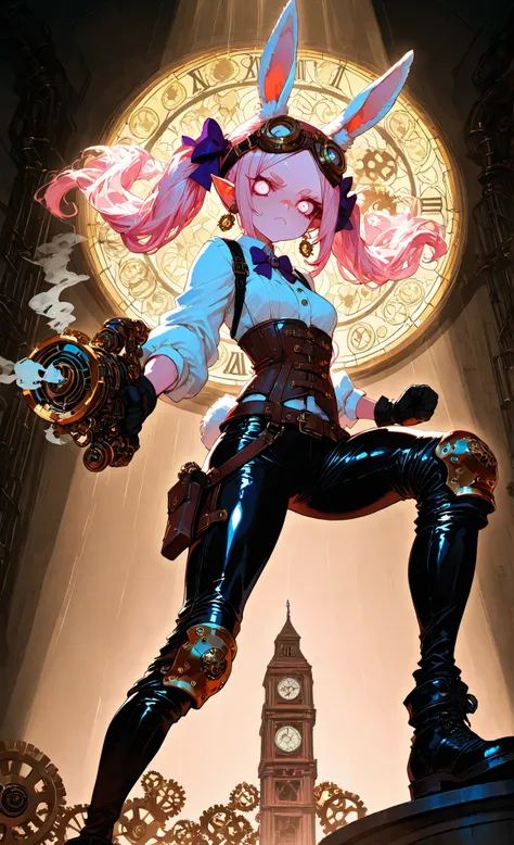 8K Wallpaper, masterpiece, Highest Quality, anime illustration, Female rabbit girl fighter, LONG WHITE FUR WITH PINK ACCENT, Tall Pointed Ears with Gold Earrings, Twin Tail Hairstyle with Purple Bows, Wearing steampunk style combat gear, Corset with bra...