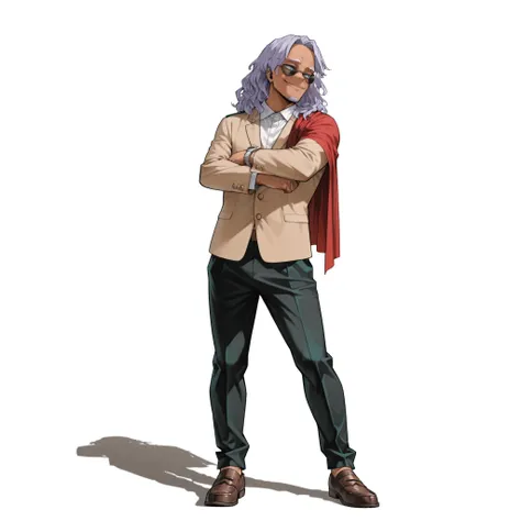 (male), (old man), (slim body), (dark skin), (light purple hair), (medium wavy hair), (blue eyes), (round sunglasses), (goatee), (confident smile), (solo), (single character), (full body version), (white background), (no background), (highly detailed), (sh...