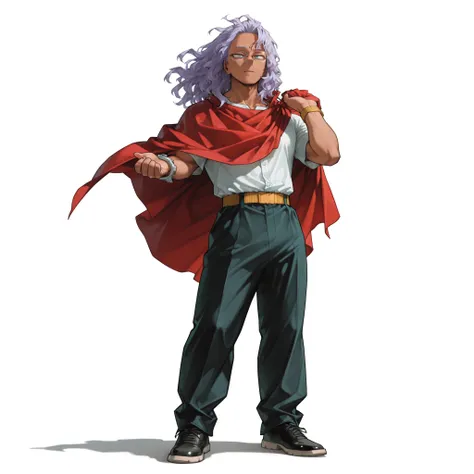 (male), (adult man), (slim body), (dark skin), (light purple hair), (medium wavy hair), (blue eyes), (clear glasses), (calm confident expression), (solo), (single character), (full body version), (white background), (no background), (highly detailed), (sha...