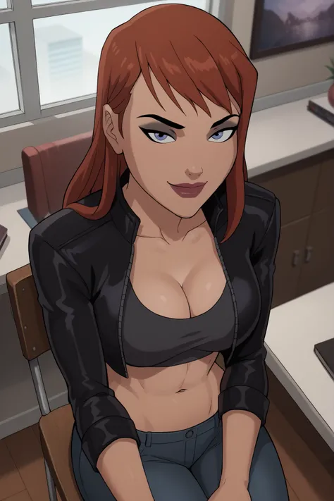 BREAK, score_6_up, score_9_up, score_8_up, score_7_up, 1girl, solo, barbara gordon, ginger hair, long hair, blue eyes, lipstick, makeup, large breasts, cleavage, curvy, athletic, busty, long sleeves, black leather jacket, black crop top, black jeans, looki...
