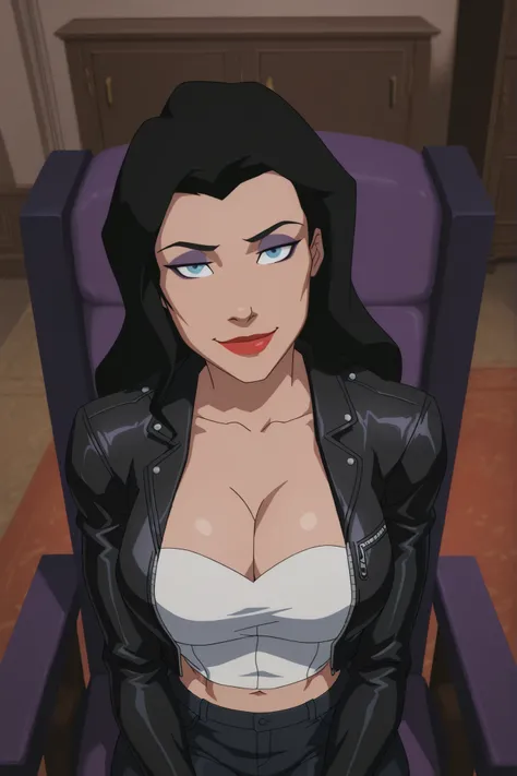 BREAK, score_6_up, score_7_up, score_8_up, score_9, zatannaYoungJustice, 1girl, solo, black hair, lipstick, blue eyes, makeup, red lips, long hair, large breasts, busty, cleavage, curvy, athletic, looking at viewer, seducing viewer, teasing viewer, seducti...