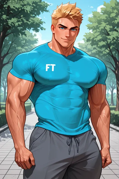 Athletic man, fit man, very short hair, blond hair, blue eyes, casual clothes, blue shirt, short sleeves, pants, detailed facial features, intense gaze, confident smile, muscular physique,1 man, park