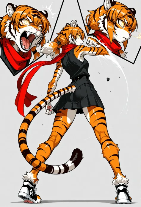 1girl, lori,monster girl,orange Tiger girl,(((Furry Hands 腕,Furry Hands ,fur feet ))),(claw),Tiger_ear,Tiger_Tail,(unkempt hair),low twinTail,whole,Gold Eyes,Slit Student , red scarf,fist, profile ,Looking Back,serious,Open His Mouth, masterpiece:1.3,Highe...