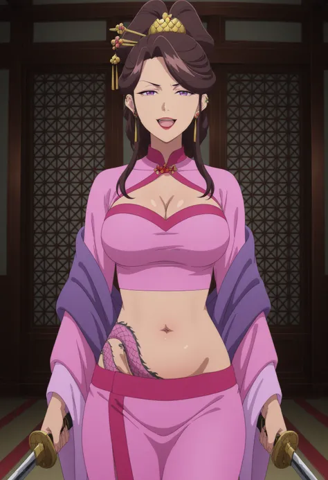 masterpiece, best quality, amazing quality, 1girl,
 KJOasis, brown hair, purple eyes, half updo, double hair bun, hair ornament, swept bangs, lipstick, hair stick,
Pink kimono, purple shawl, wide sleeves, 
, serious,  looking at viewer, slim belly,
east as...