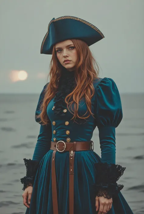 fluxlisimo_aura,clear_note,clear_note with subtle film-grain texture, vintage atmosphere, and light rays,A dramatic, close-up portrait of a young woman standing against a blurred, overcast seascape in the background. She is dressed in a period-style, deep ...