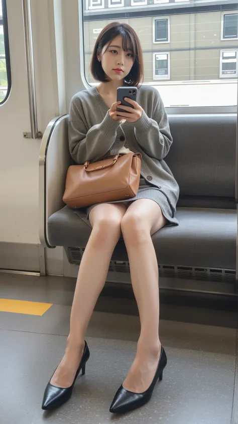 full body portrait of a beautiful woman sitting in a train seat,  sitting in good posture , 20 years old, (gray mini dress、grey cardigan), VERY DETAILED FACE,detail lip, detailed eyes, double eyelid, short black hair, attractive body,meticulous background,...