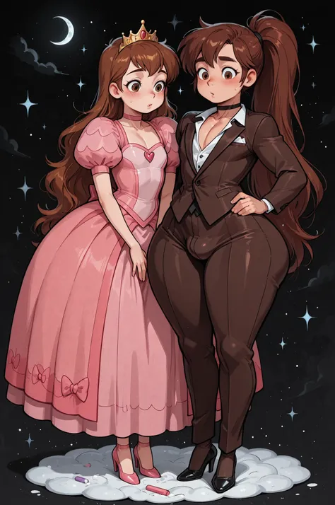 Princess Marco. brown eyes, very long hair, brown hair, ponytail. very small breasts. huge hips. slim body. choker. femboy, crossdressing,| chalk,black background, moon background, howl at the moon, suit, cloudy