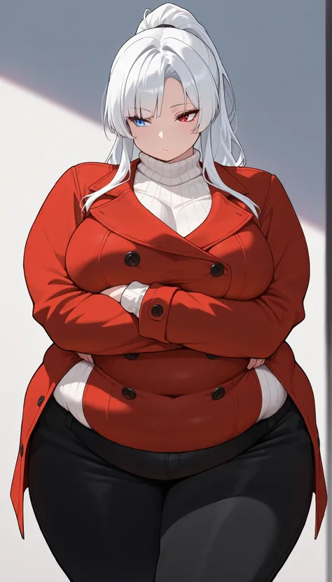 chubby,plump,WeightChubby,(best quality:1.3), (masterpiece:1.3), (ultra-detailed:1.3), absurdres, 1girl, solo, heterochromia, red_eye, blue_eye, white_hair, bangs, long_sleeves, large_breasts, tall, standing, mature_female, long_hair, black_pants, red_coat...