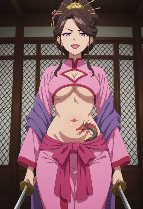 masterpiece, best quality, amazing quality, 1girl,
 KJOasis, brown hair, purple eyes, half updo, double hair bun, hair ornament, swept bangs, lipstick, hair stick,
Pink kimono, purple shawl, wide sleeves, 
, serious,  looking at viewer, slim belly,
east as...