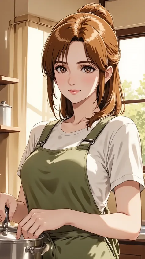 An anime woman, A mature 30s woman, a wife and mother, exuding adult charm, in a comfortable cotton apron. She has natural and correct anatomy, including her hands and feet. She is in a full-body standing pose in a sunlit kitchen, gently stirring a pot, lo...