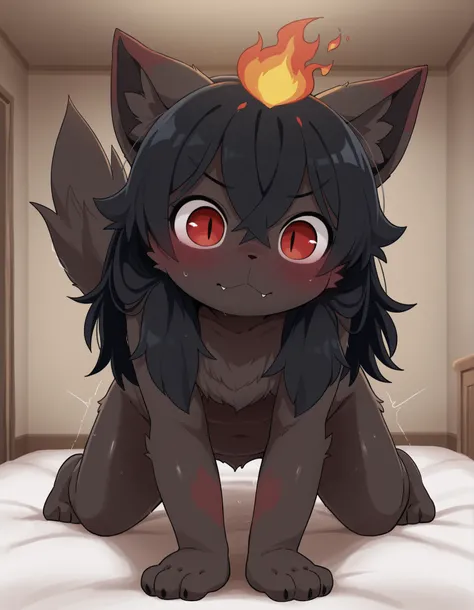 Dagashi,, solo, focus female, hellhound, slit pupils, black sclerae, red eyes, black body, dark body, dark skin, black hair, long hair, ear fluff, flame, flame on head, animal paws, tail, paws,, on all four, all four, on all fours, all fours