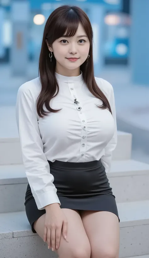 (((nude beige pantyhose、puff sleeve blouse with white collar、Black Micro Miniskirt、black patent leather pin heels、Pointed Toe Pumps)))、perfect hands、Weight: 60kg、big boobs、Bust 90cmF cup、shot from the tip of the foot、sitting on steps、long hair、straight hai...