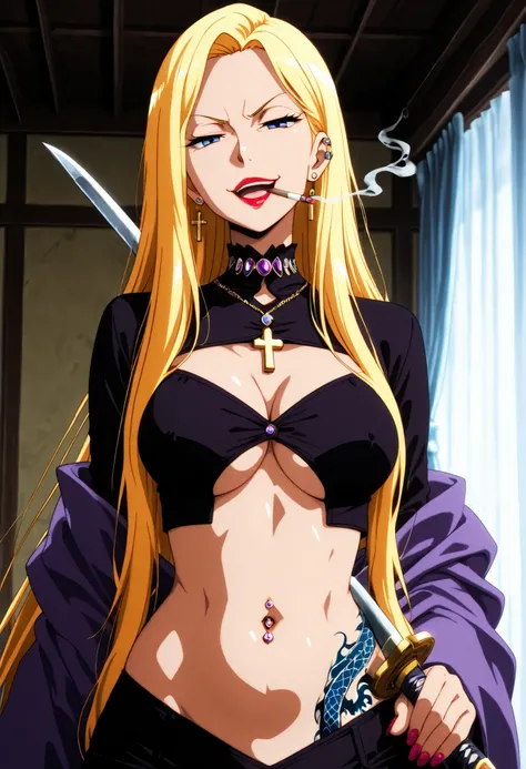 masterpiece, best quality, amazing quality,anime coloring,1girl, solo, BREAK
,blonde hair,very long hair, blue eyes, necklace, , ear piercing, long hair, , lipstick, Hot girl, baddie, smoking, sensual, attractive , cross necklace, choker,jewelry, nail pol...