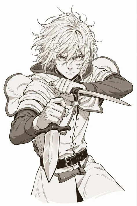 1boy, thorfinnvinland, hair between eyes, monochrome, holding dagger both hands, belt, hanging belt bag, looking at viewer, serious expression, young face, thick drawing outlines