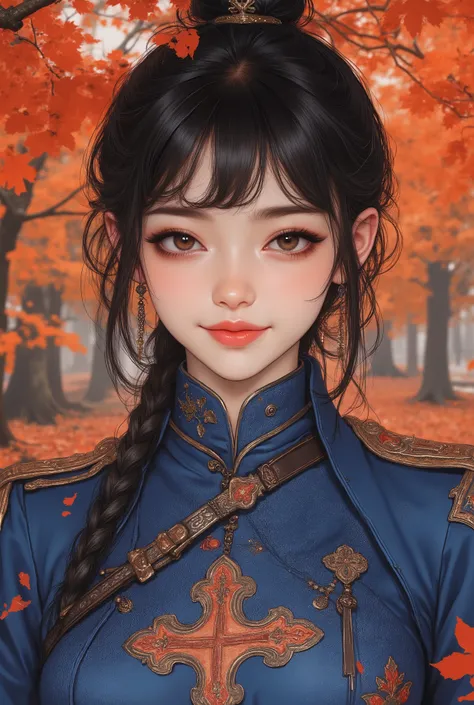 selfie close-up、Oriental beauty with bangs and short black hair looking at us with a smile、wearing a blue rococo combat uniform、背景は紅葉