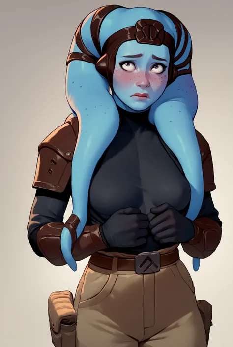Twi'lek, ((dark blue skin)), medium breasts, black bodysuit, shoulderpads, seductive pose, belt, ((shy)), freckles, (body freckles), ((cargo bay))