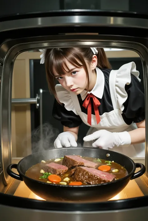 ultra-realistic photographic expression:1.2, Female 1, in maid clothes, Maid Headdress, Brown hair ponytail style, Tight bangs, blue eyes, Black Maid Dress, Red neck ribbon decoration, short sleeve design with puffy short sleeve design, white maid apron, w...