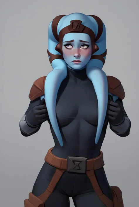 Twi'lek, ((dark blue skin)), medium breasts, black bodysuit, shoulderpads, seductive pose, belt, ((shy)), freckles, (body freckles), ((starship cargo bay))
