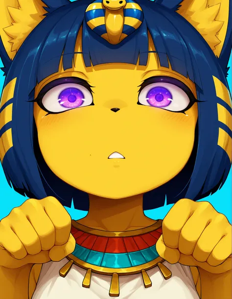 ldl,, depth of field, 1girl, furry, ankha \(animal crossing\), expressionless, eye reflection, yellow background, yellow theme, blue background, desert,, purple eyes, glowing eyes, wide-eyed, paw pose, looking at viewer, close-up, parted lips,