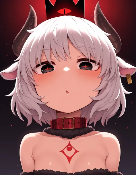 ldl,, masterpiece, best quality, very aesthetic, 1girl, solo, cult of the lamb, sheep girl, collar, horizontal pupils, red/black eyes, red crown,