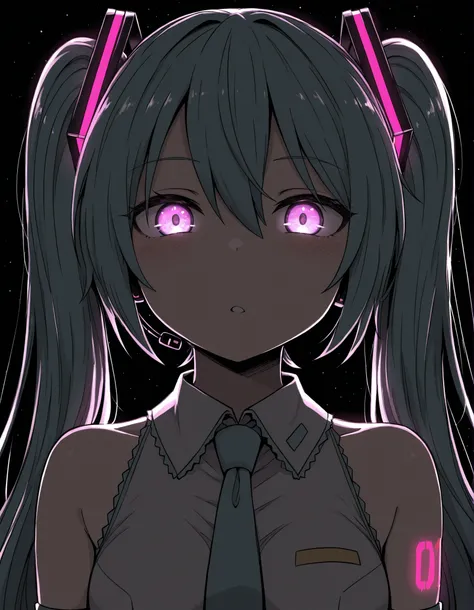 ldl,, Hatsune Miku,limited palette,black background,colorful,vibrant,glowing outline,neon,blacklight,looking at viewer, masterpiece, very aesthetic,