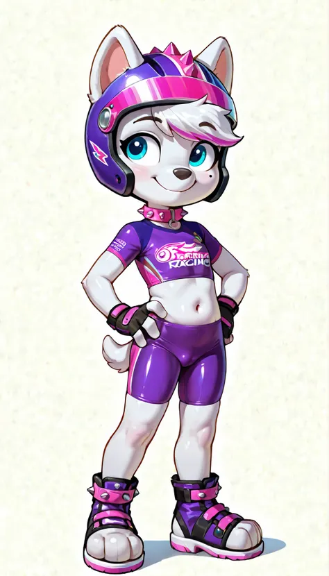 score_9, score_8_up, score_8, source_cartoon, source_furry, 1girl, solo, alone, 1 character, Roxi(PP), (solo), 1girl, anthro, lolicon, dog girl, samoyed, white fur, pink and white hair, bangs, short tail, blue eyes, mole on left cheek, cute face, 4 fingers...