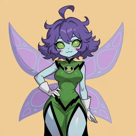 masterpiece, ultra-HD, impressionism, high detail, best quality, very aesthetic, 8K, best quality, beautiful, ultra-high resolution, 32K UHD, sharp focus, 1girl, solo, peskydust, short messy hair, purple hair, fluffy hair, ahoge, almond-shaped eyes, green ...