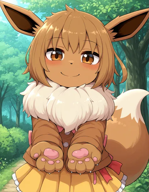 ldl,, pokekid, eevee, fluffy girl, furry girl, female, smile, smiling, has a big pretty bow in her hair, has animal paws for hands, 1girl, best quality, outdoors, high definition, cute,