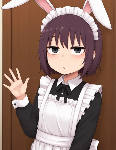ldl,, solo, Maya Hell,black eyes,dark hair,bob cut,Maid Outfit、White Apron、White Headdress、 with rabbit ears、cafe
