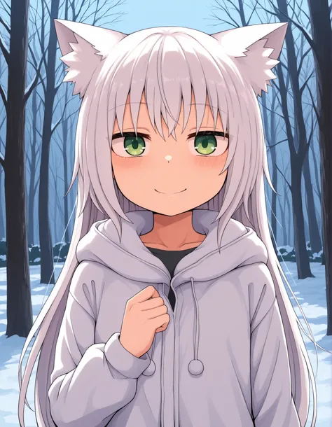 ldl,, anime, solo, BREAK, young fox girl, skinny and frail, (petite,cute:0.5), green eyes, looking at viewer, long hair, white hair, smile, winter clothes, outdoors, winter,