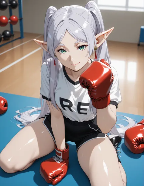 score_9, masterpiece, top quality, vibrant, Very Aesthetic, High Contrast , Semi-realistic, , natural light, short height, Frieren(Sousou no Frieren) , 1girl , solo , elf , twintails , very long hair , silver hair , parted bangs , sidelocks , pointy ears ,...