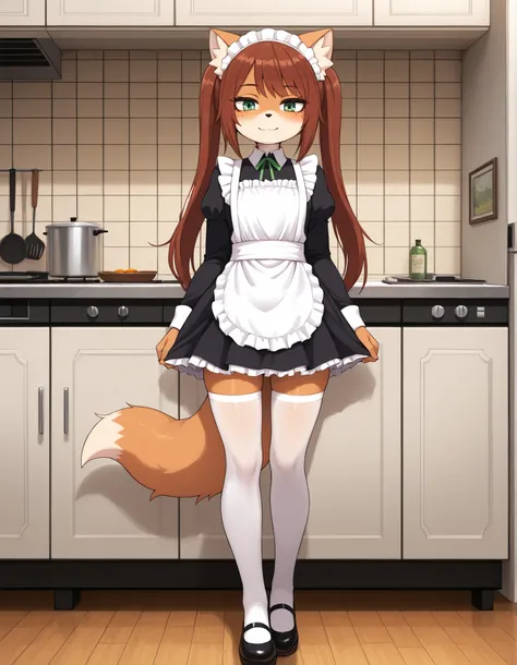 ldl,, masterpiece, best quality,
indoors, kitchen,
full body,long eyelashes,smile, maid,white thighhighs, maid headdress,
Rocketgirl, 1girl, solo, animal ears, furry female, tail, brown hair, long hair, green eyes, bangs,freckles, brown fur,full body, sid...